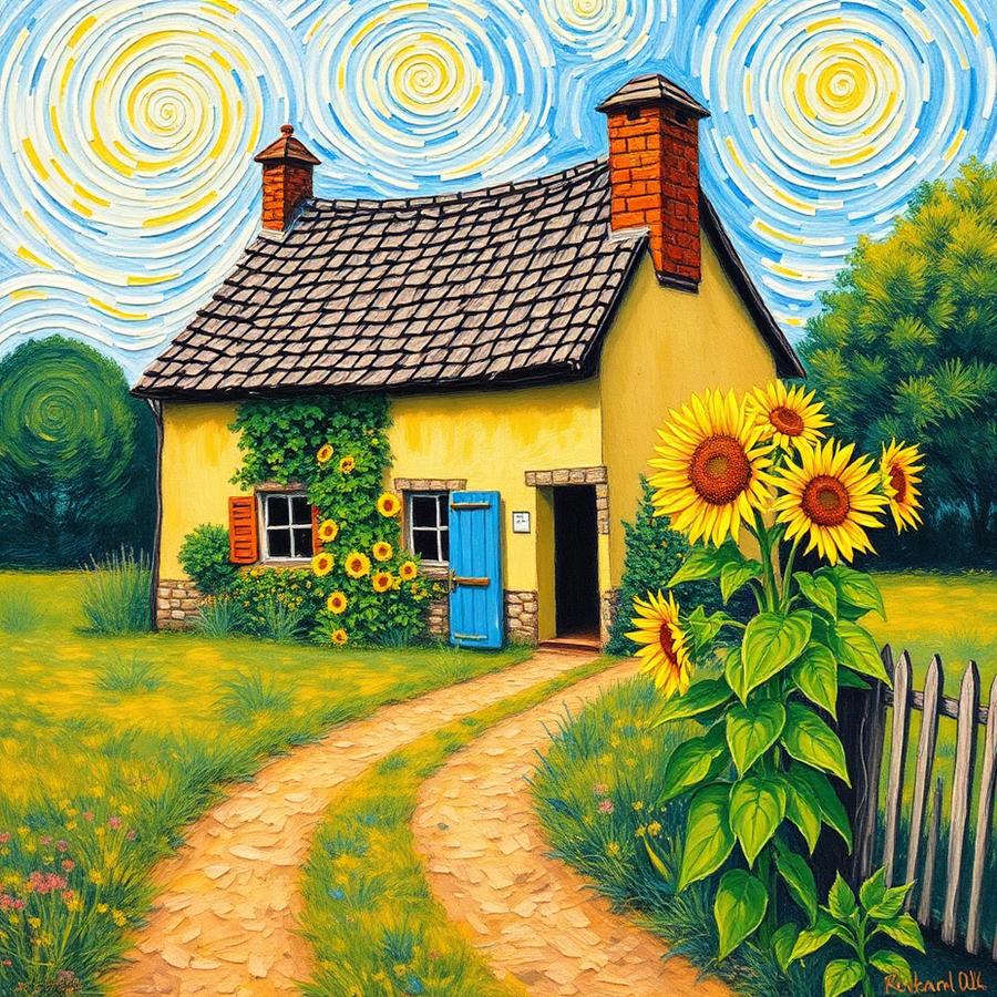 Cottage with sunflowers